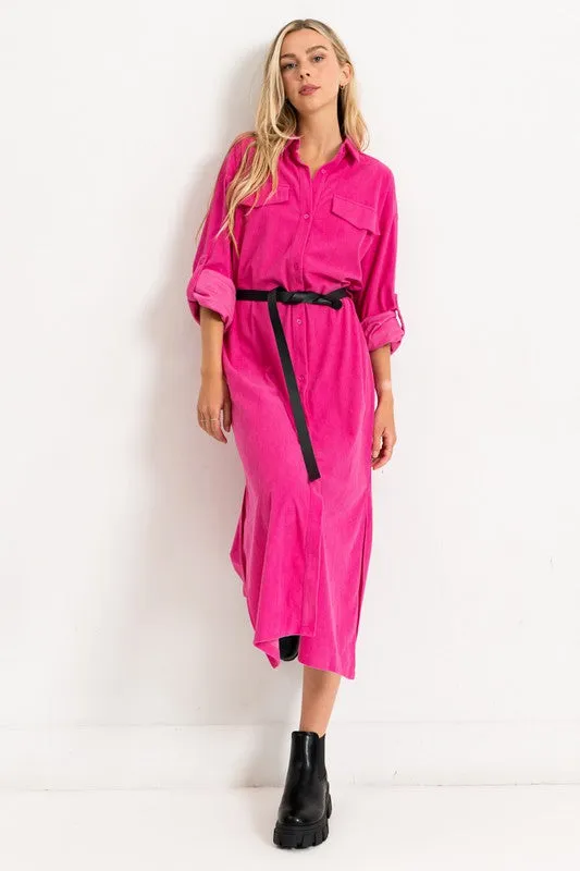 Hot Pink Corduroy Roll Up Sleeve Shirt Dress With Belt