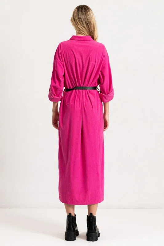 Hot Pink Corduroy Roll Up Sleeve Shirt Dress With Belt