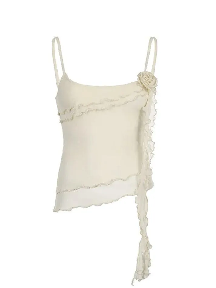 Irregular Ruffle Splice Flower Decor Mesh Cami Top