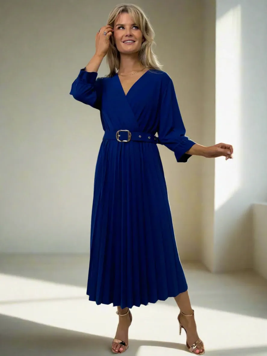 Kate And Pippa Royal Blue Pleated midi dress with belt  Positano Cristal