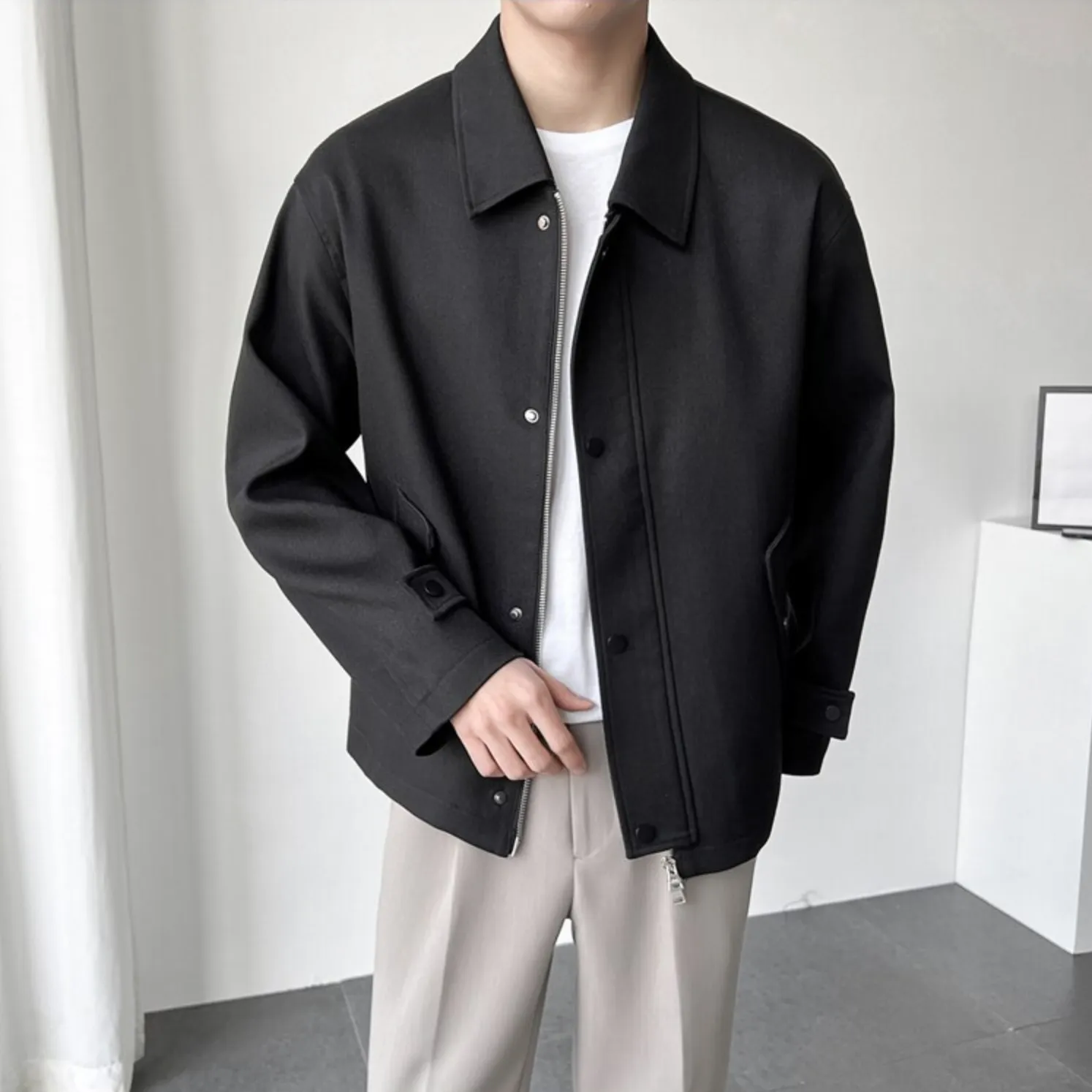 [Korean Style] Khaki/Black Casual Lapel Collar Jackets