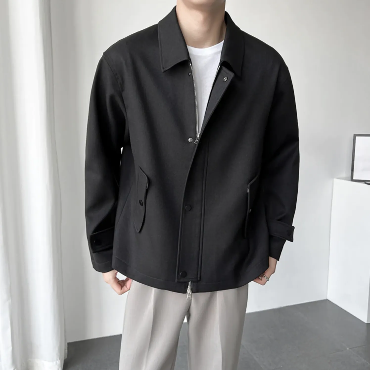 [Korean Style] Khaki/Black Casual Lapel Collar Jackets