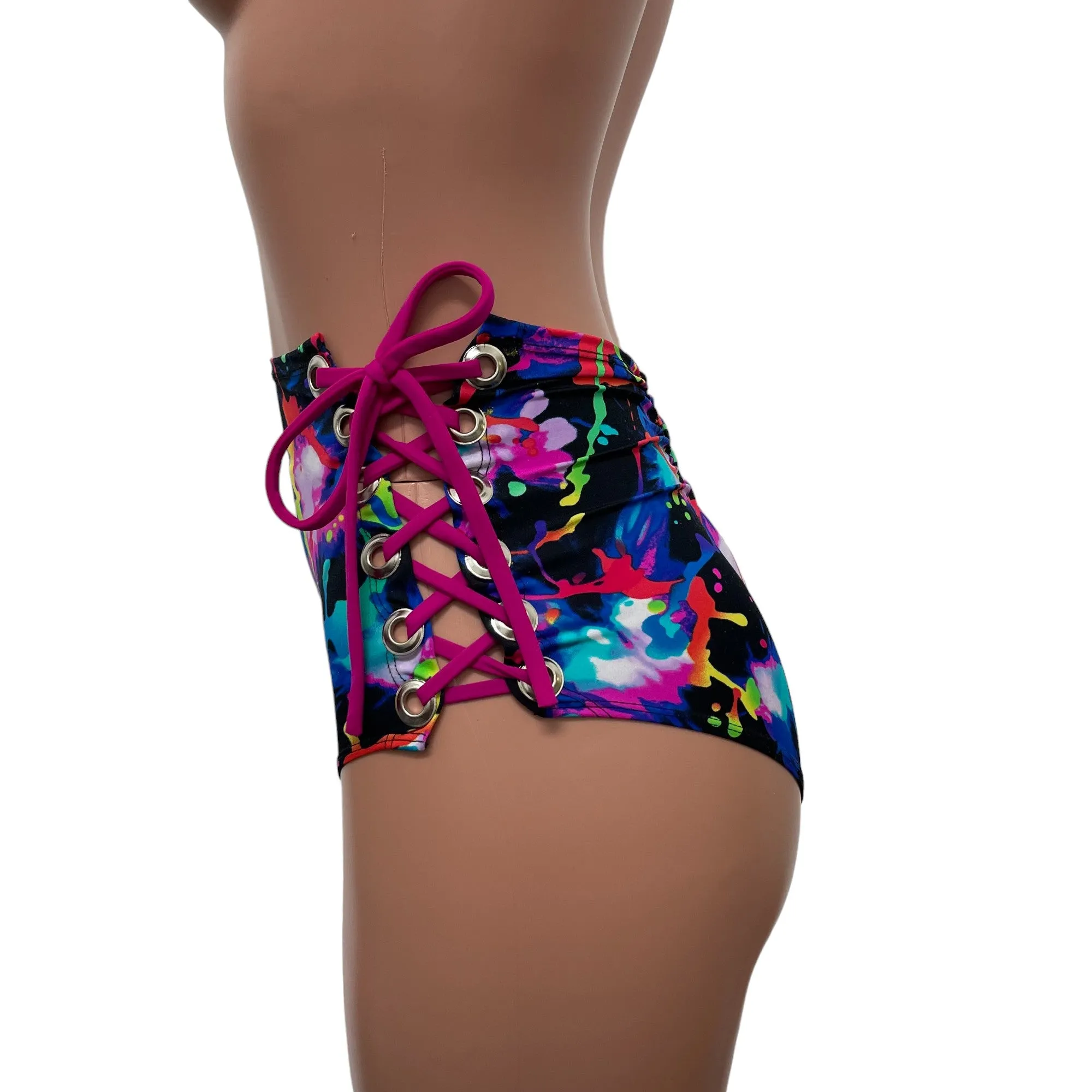 Lace-Up High Waist Scrunch Bikini - Neon Splatter