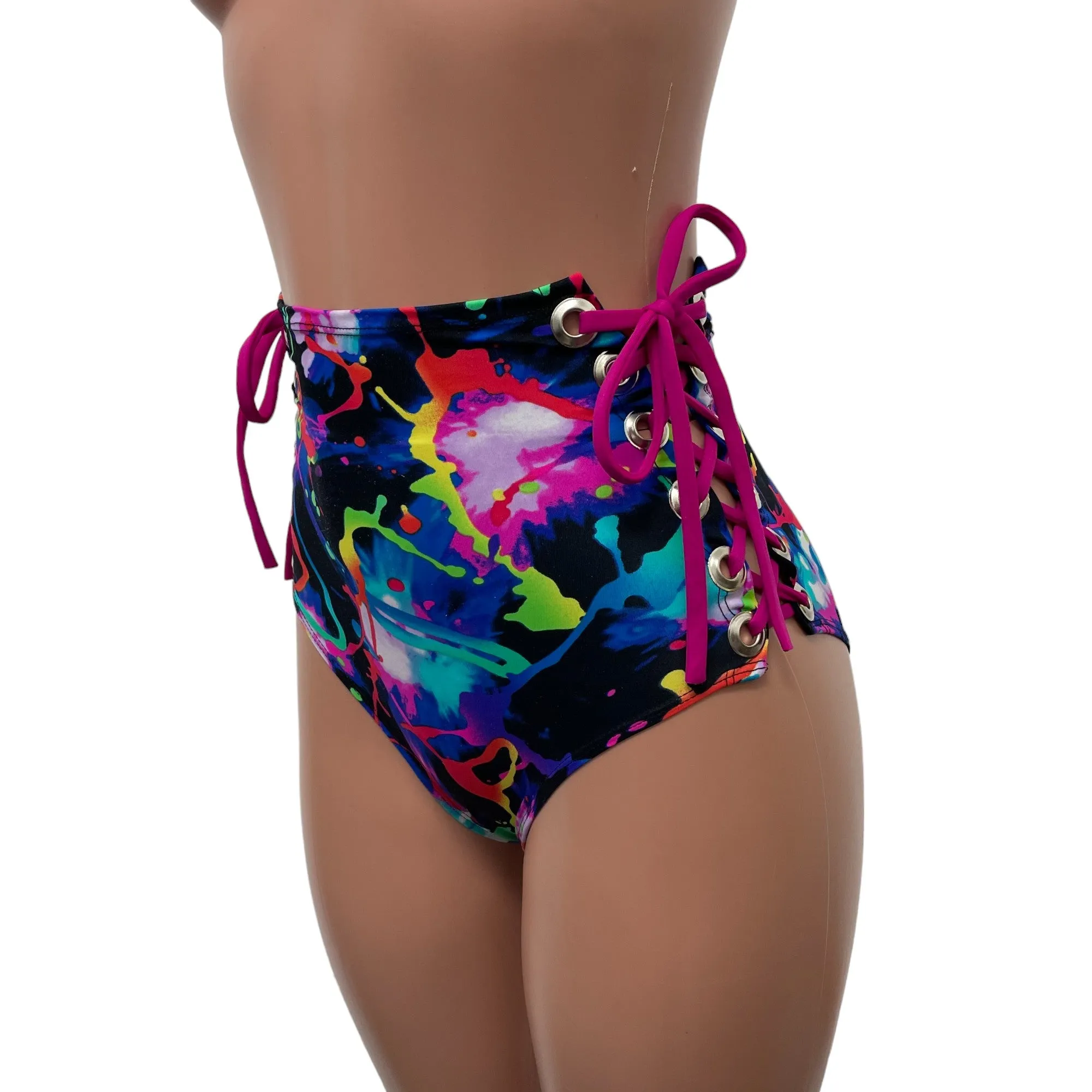 Lace-Up High Waist Scrunch Bikini - Neon Splatter