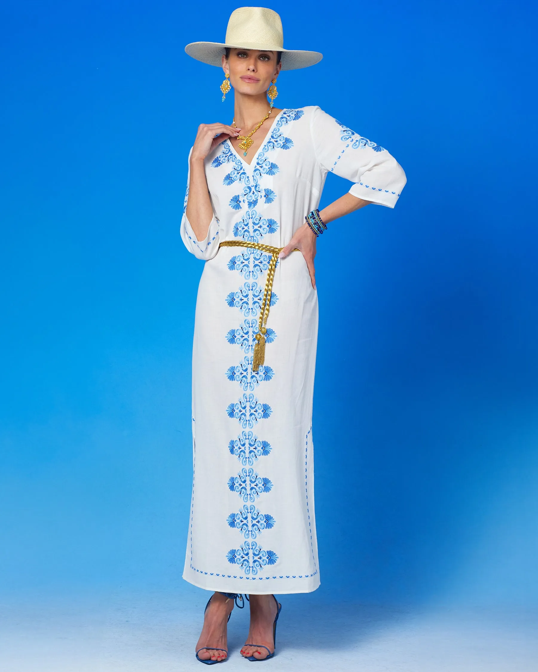 Menorca Long Kaftan Dress and Grecian Motif Embroidery