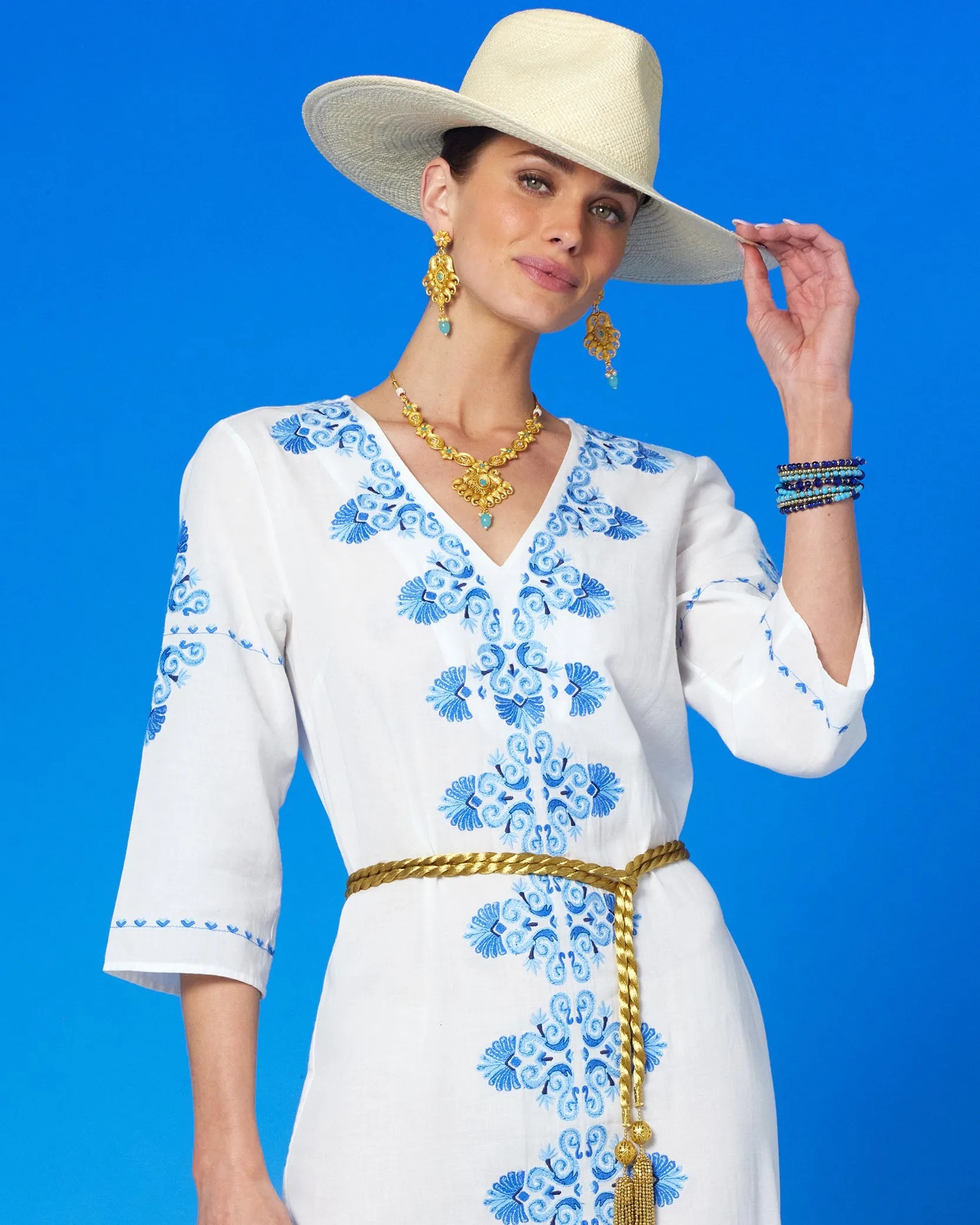 Menorca Long Kaftan Dress and Grecian Motif Embroidery