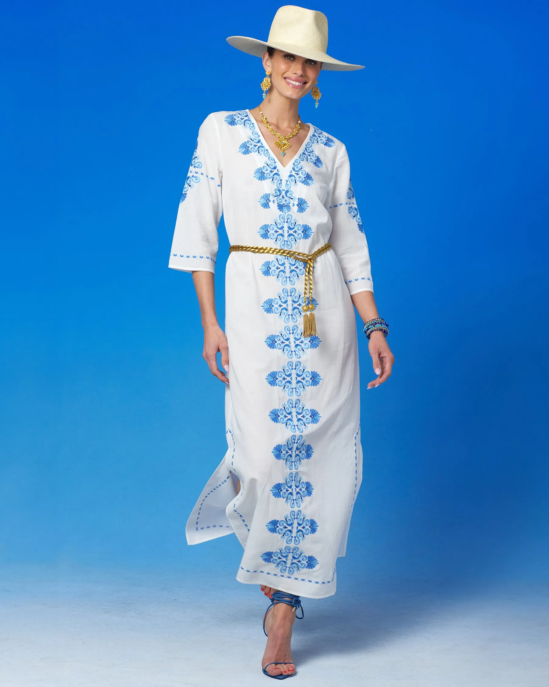 Menorca Long Kaftan Dress and Grecian Motif Embroidery