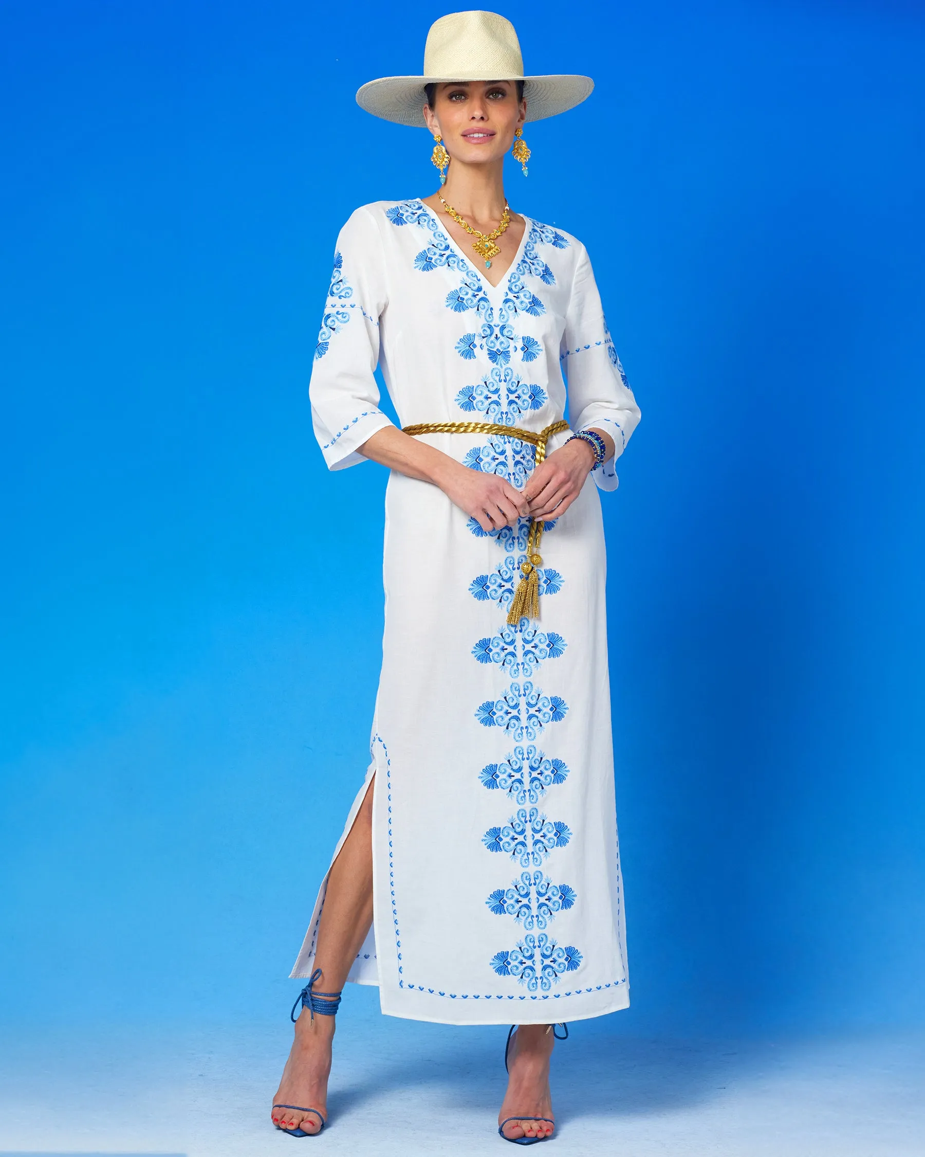 Menorca Long Kaftan Dress and Grecian Motif Embroidery