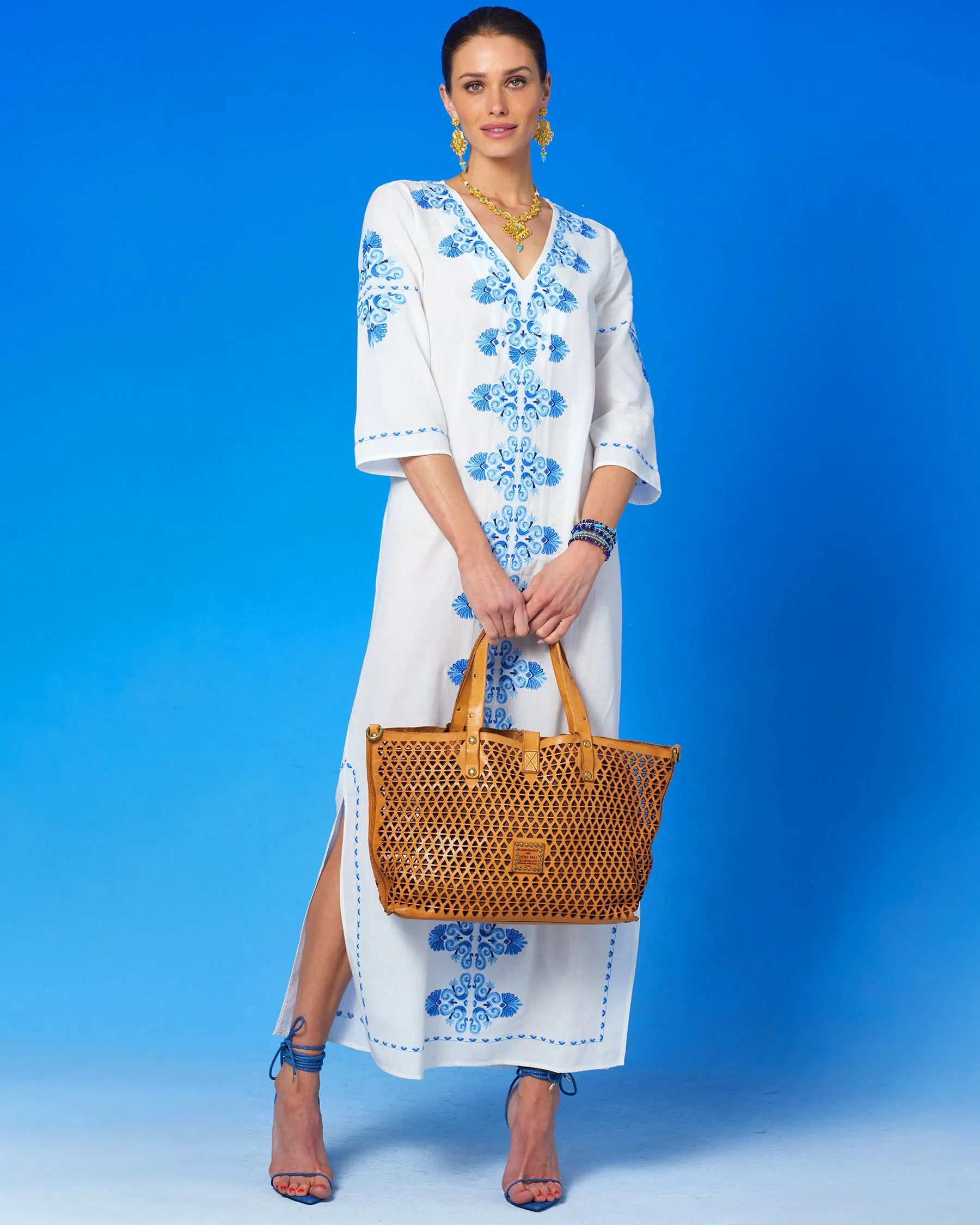 Menorca Long Kaftan Dress and Grecian Motif Embroidery