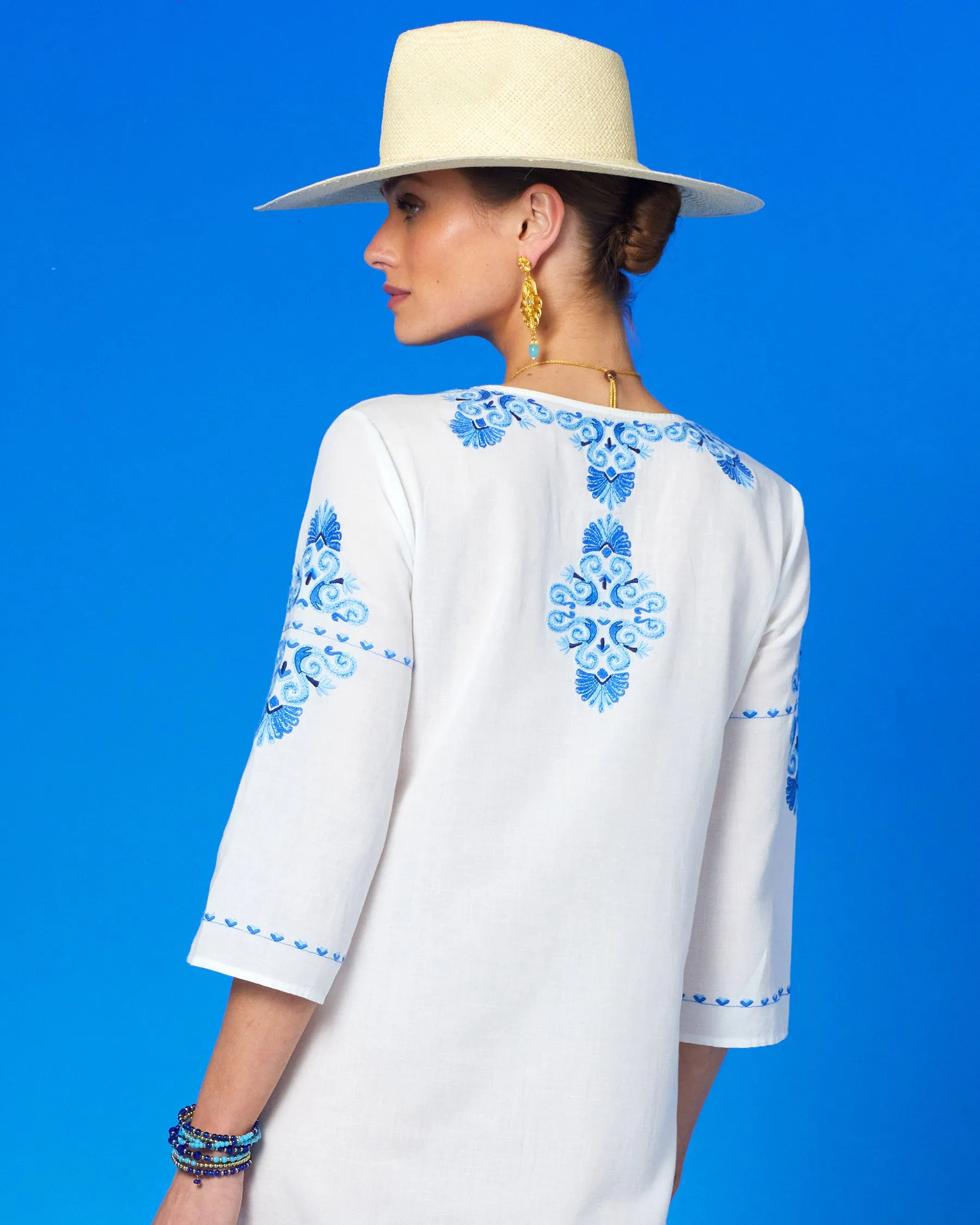 Menorca Long Kaftan Dress and Grecian Motif Embroidery