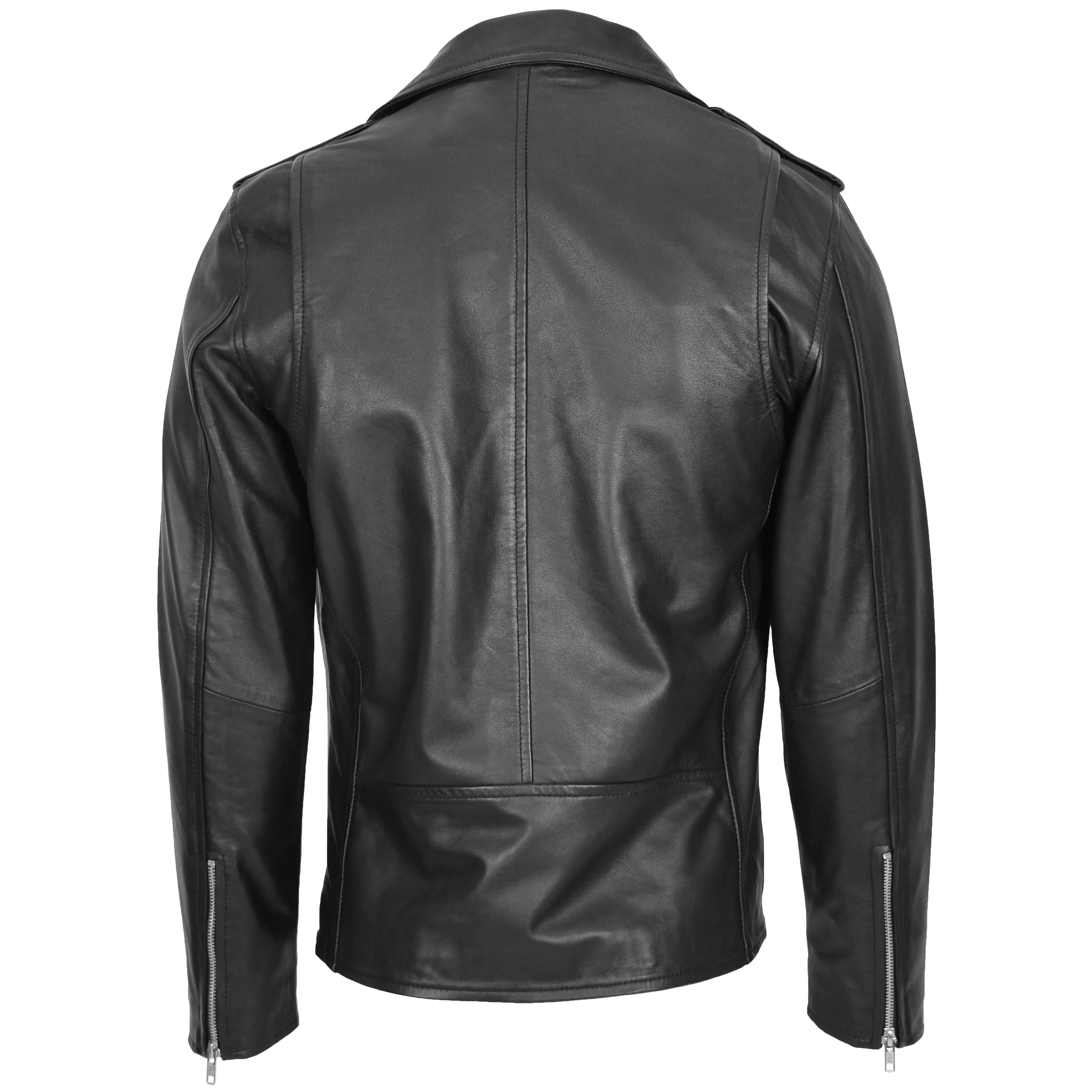 Mens Leather Biker Jacket Brando Style Johnny Black