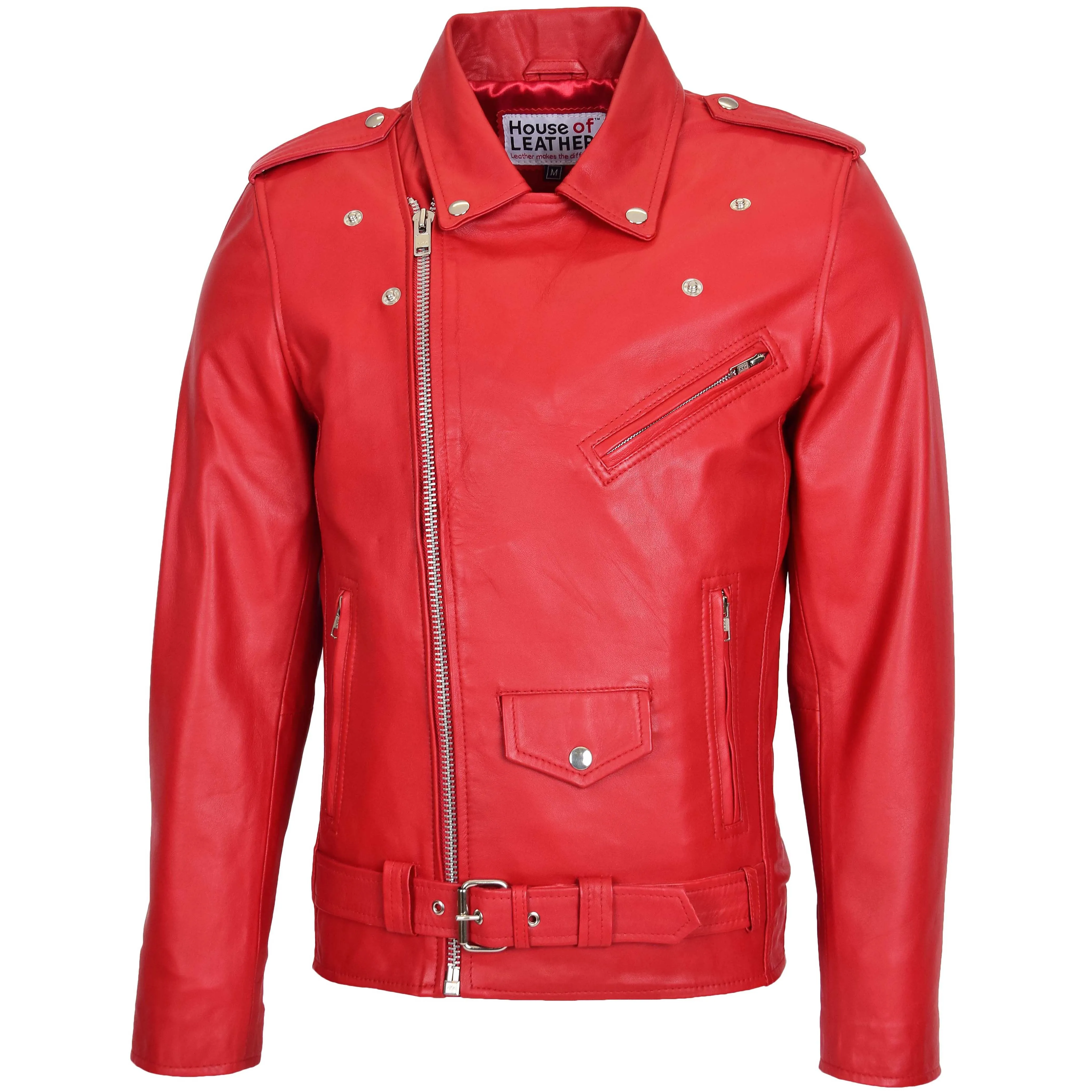 Mens Leather Biker Jacket Brando Style Johnny Red