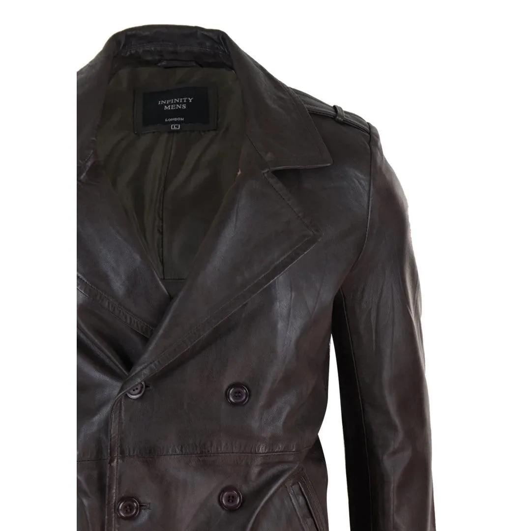 Mens Real Leather 3/4 Double Breasted Pea Coat Sherlock Brown Sailor Classic