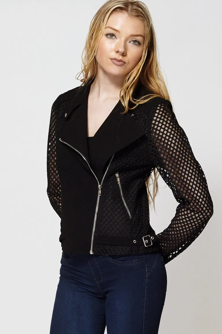 Mesh With Cut Out Design Asymmetrical Zip Short Jacket