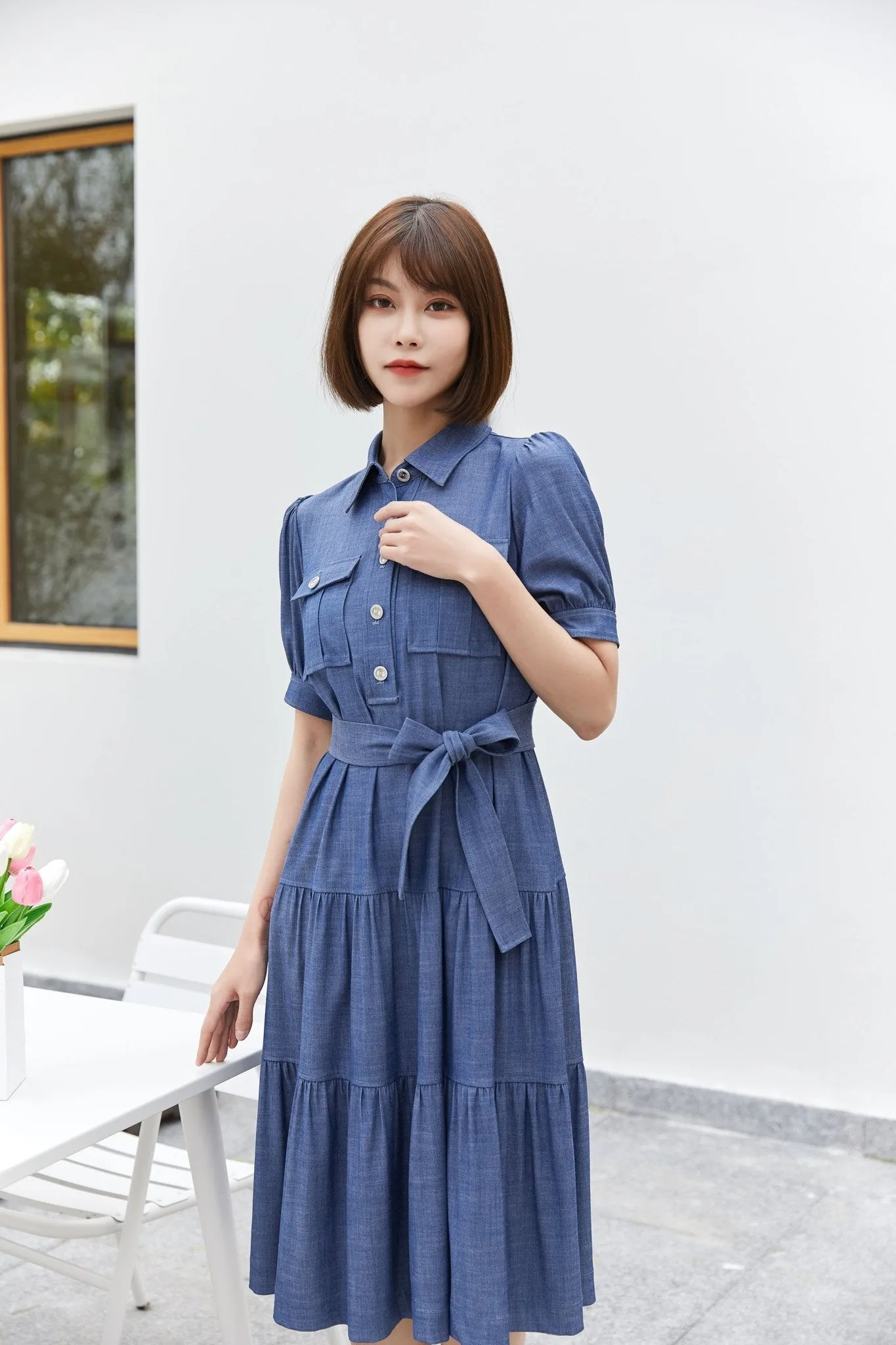 Midnight Blue Denim Dress With Band Pocket