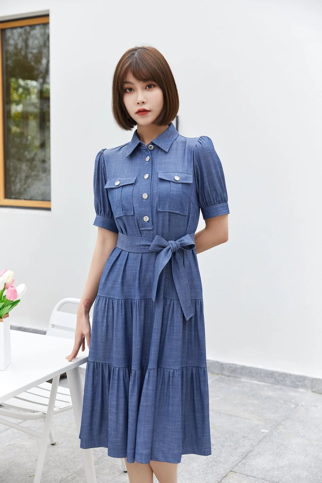 Midnight Blue Denim Dress With Band Pocket