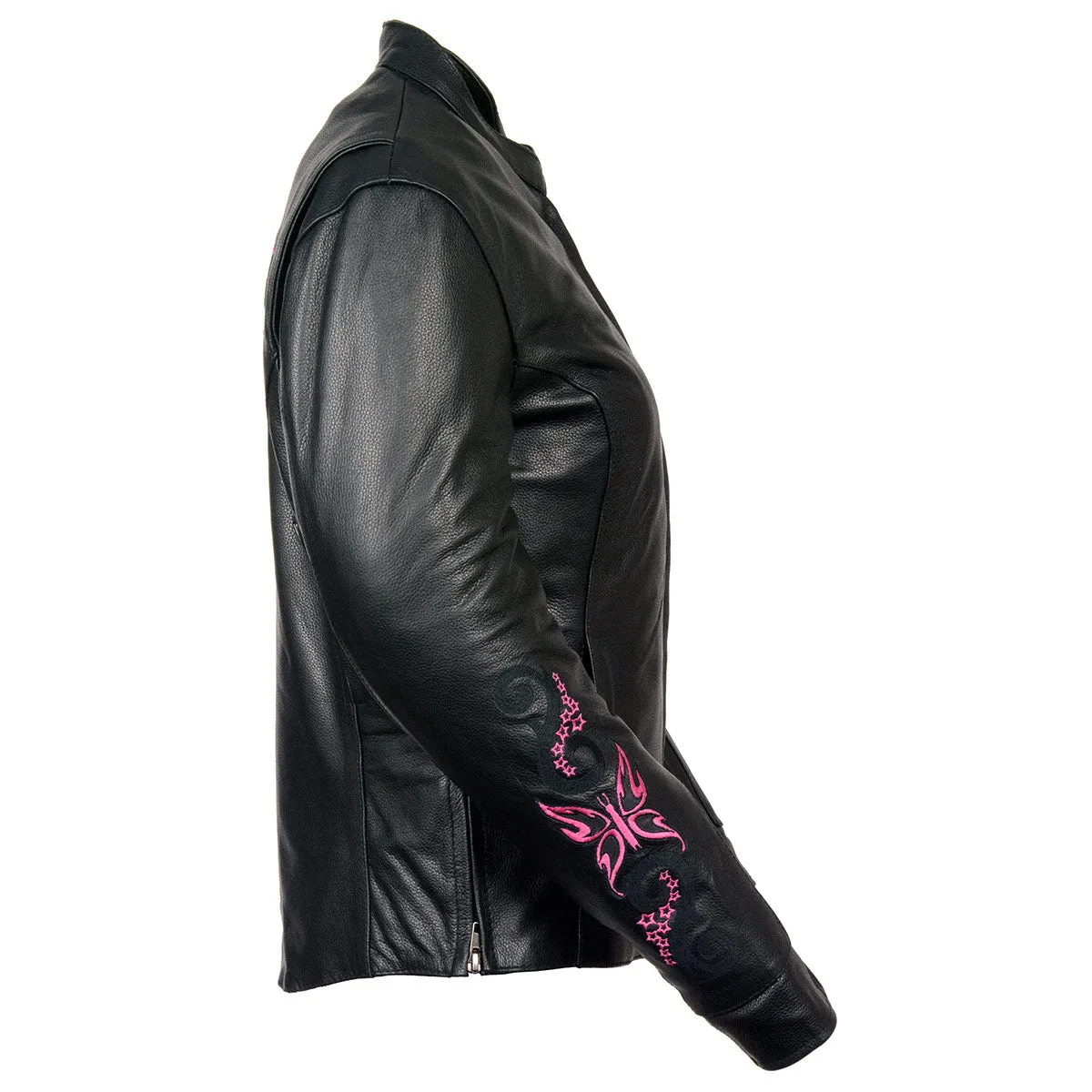 Milwaukee Leather ML2071 Ladies Black Leather Jacket with Fuchsia Butterfly Design