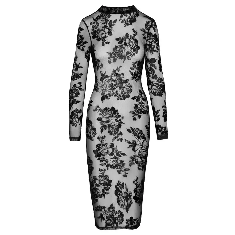 Noir Sexy Wet Look Black Floral Transparent Dress