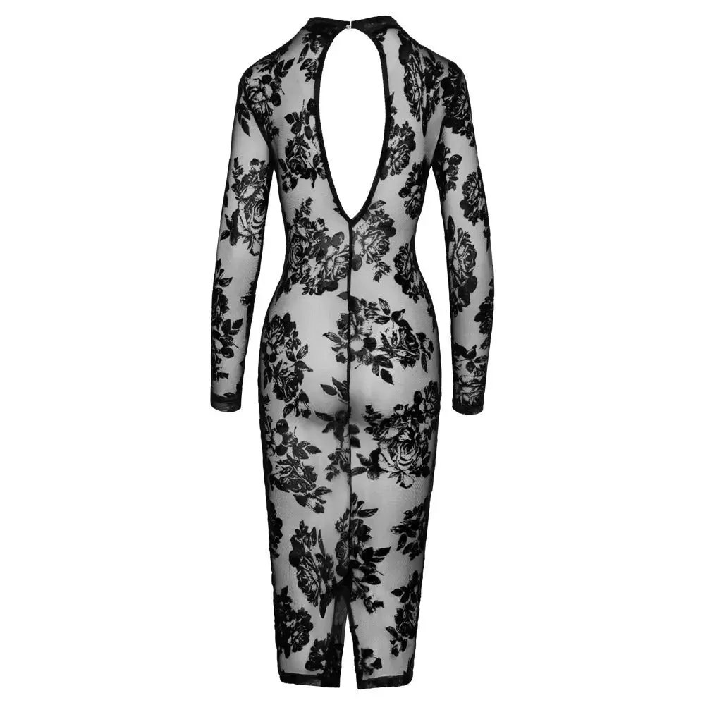 Noir Sexy Wet Look Black Floral Transparent Dress