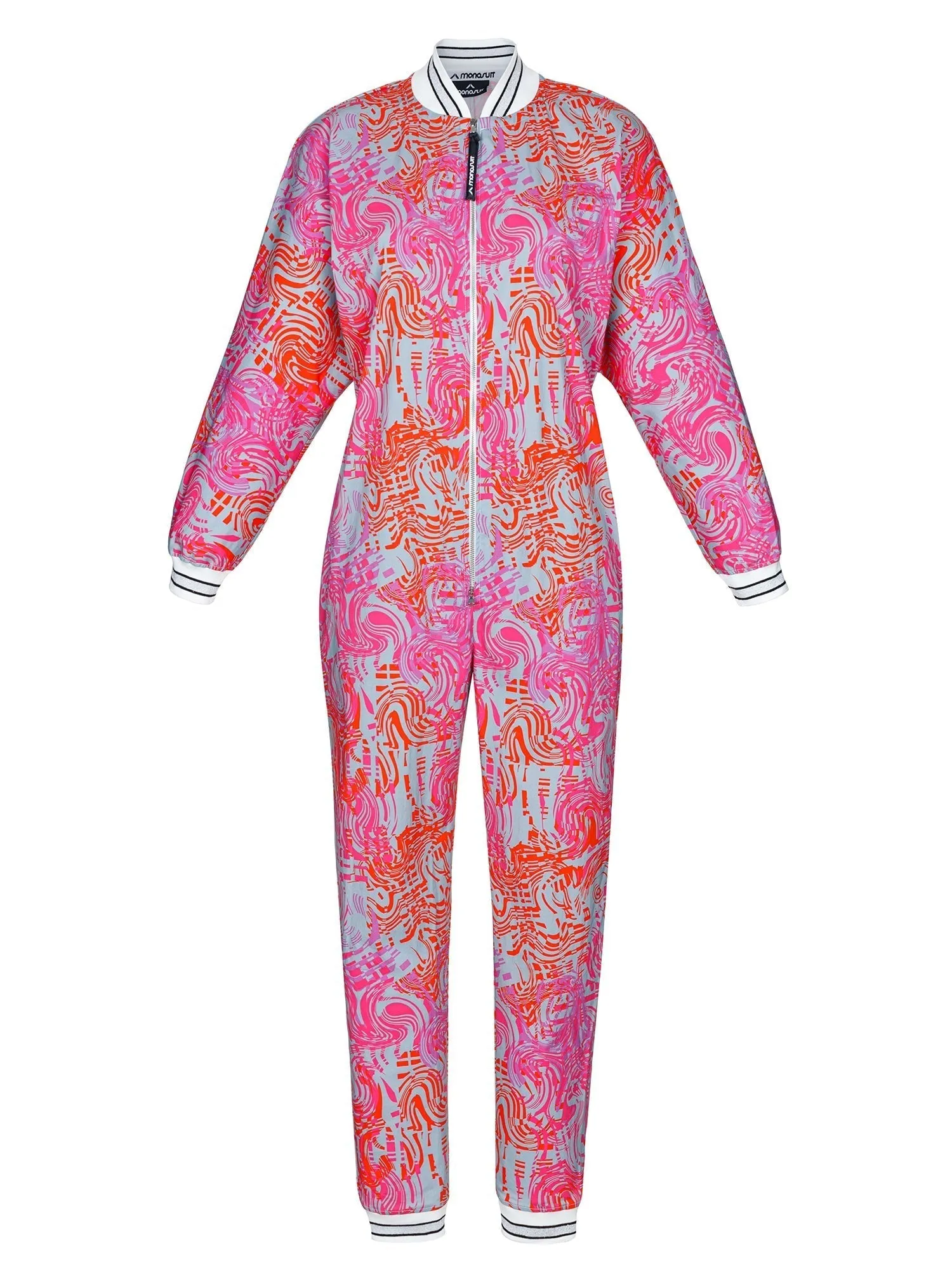 Pink Long Sleeve Abstract Print Casual Zip-Up Bomber Jumpsuit SS