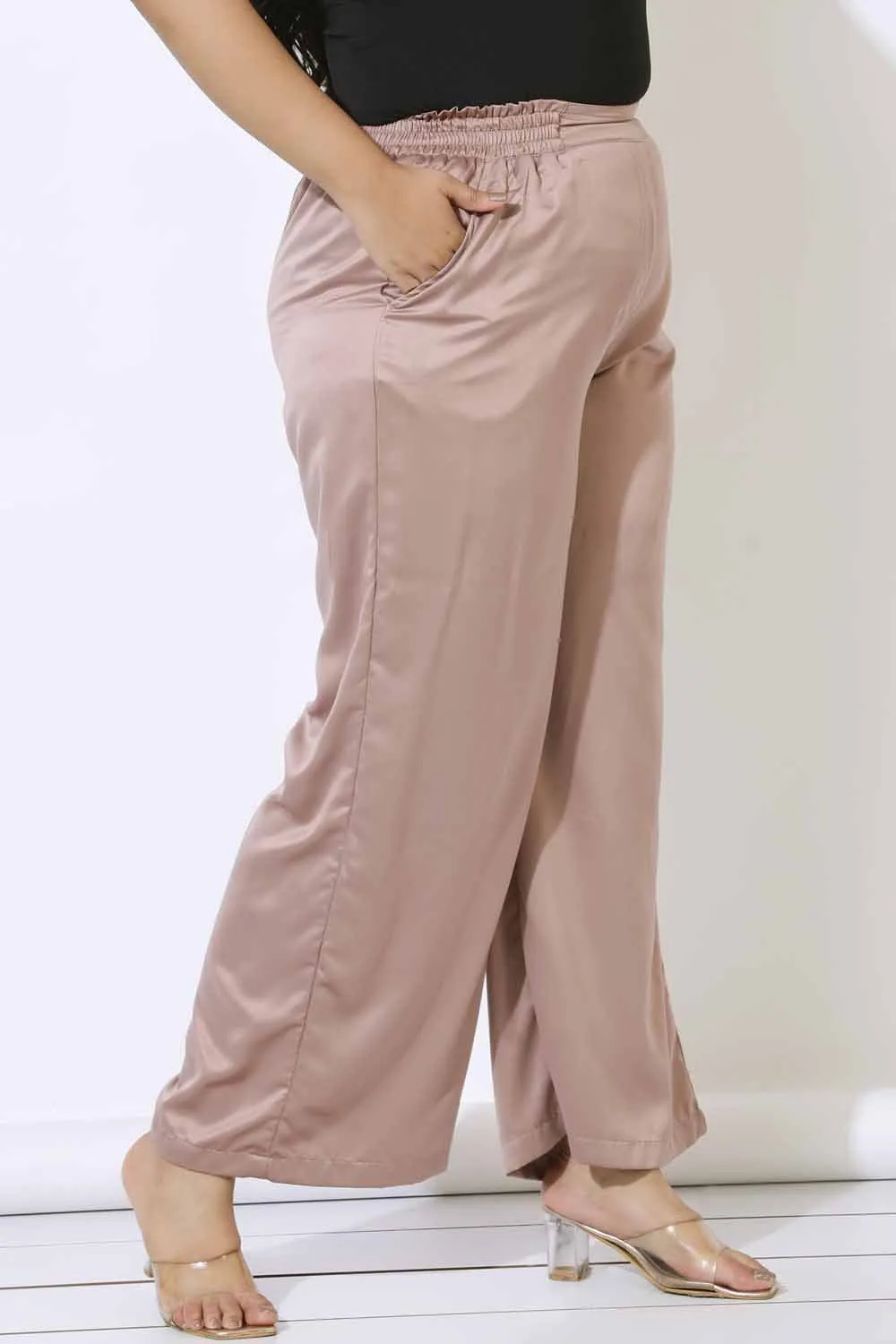 Plus Size Rose Satin High Waist Pants