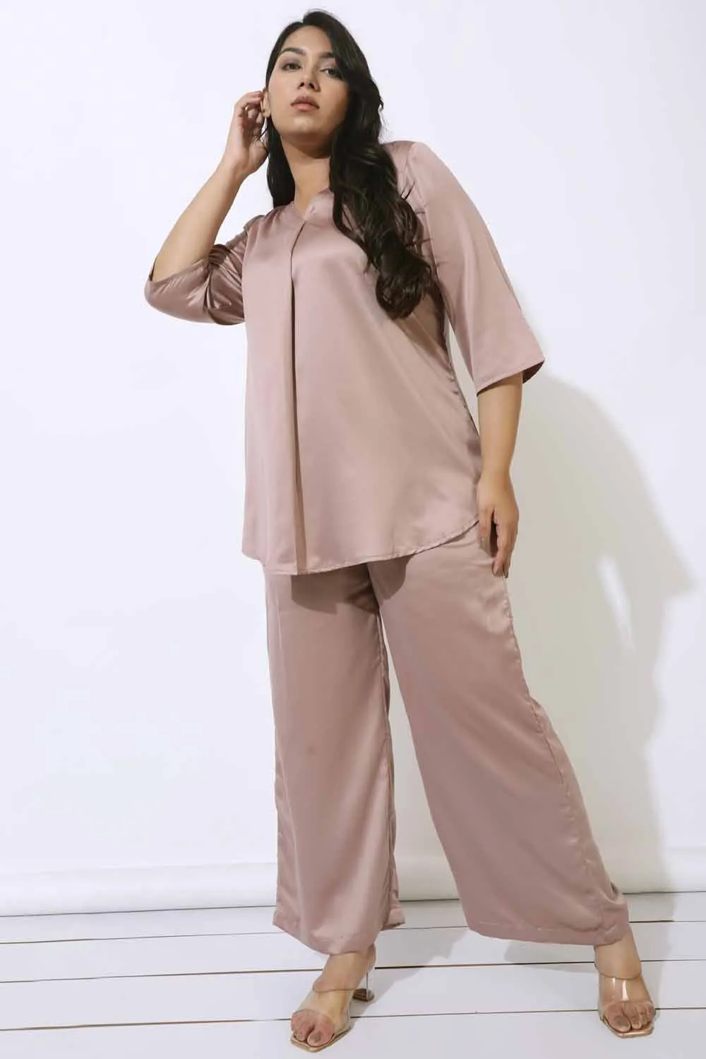 Plus Size Rose Satin High Waist Pants