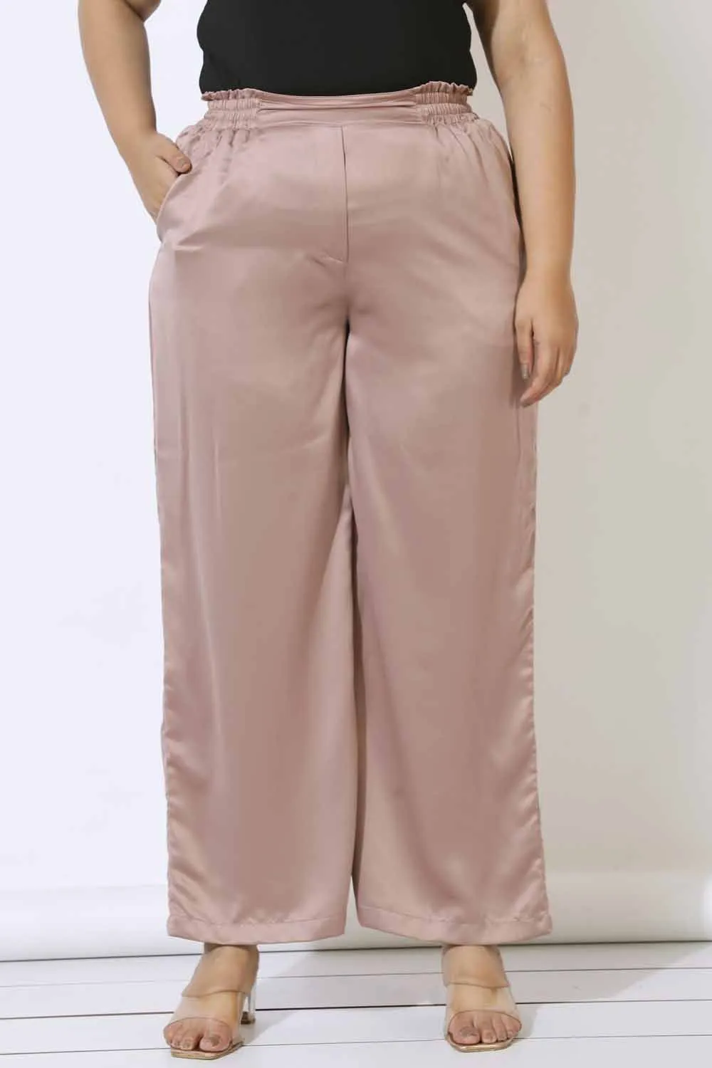 Plus Size Rose Satin High Waist Pants