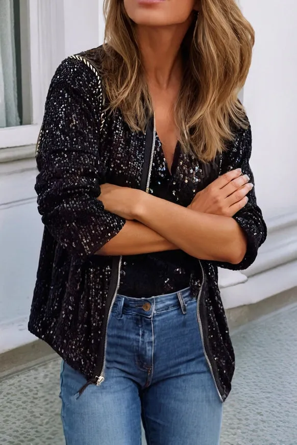 Sequin Zip Up Round Neck Long Sleeve Jacket - Black