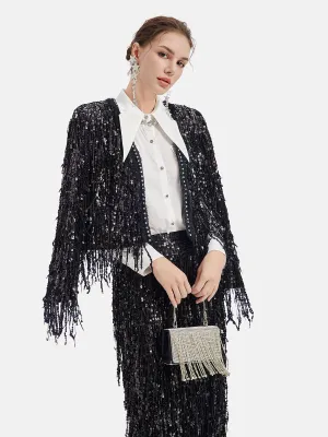 Sequined Beaded Fringe Cropped Jacket