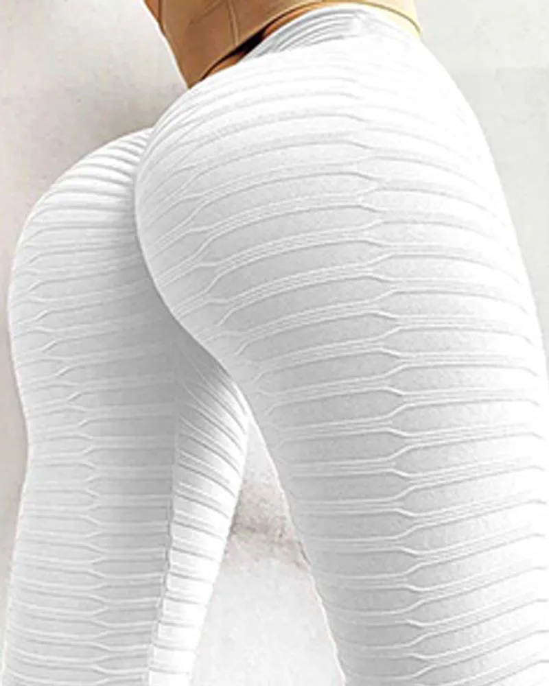 Solid Skinny High Elastic High Waist Jacquard Yoga Pants Active Pants