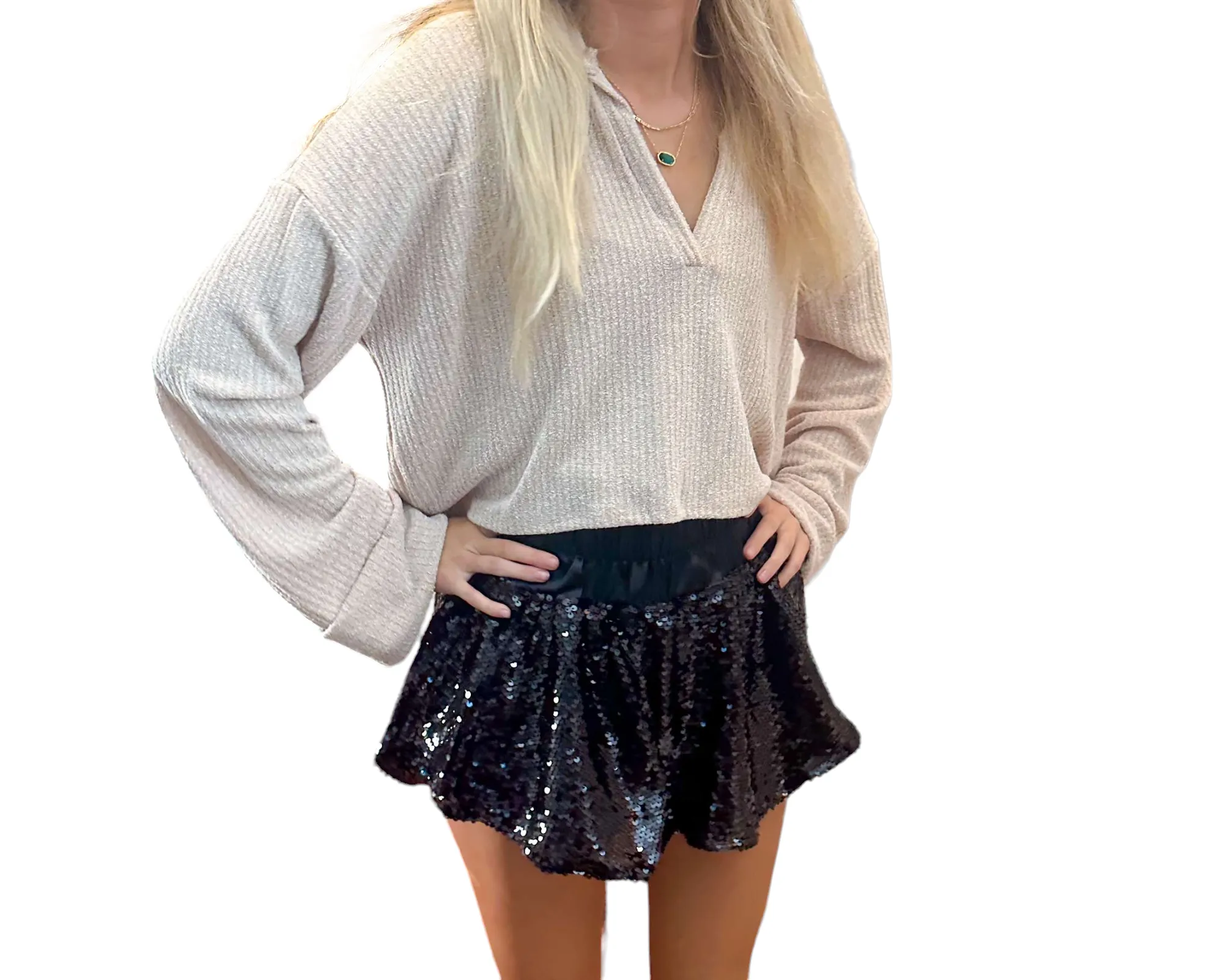 Sparkling Black Sequin Skirt-Shorts with Satin Waistband