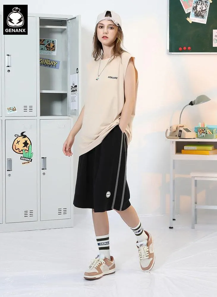 Sports Style Plain Color Block Stripe Logo Label Shorts