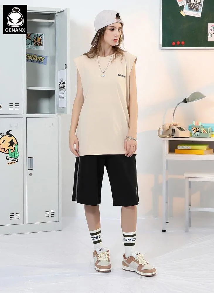 Sports Style Plain Color Block Stripe Logo Label Shorts