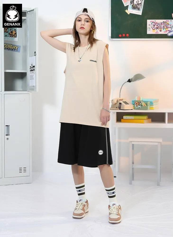 Sports Style Plain Color Block Stripe Logo Label Shorts