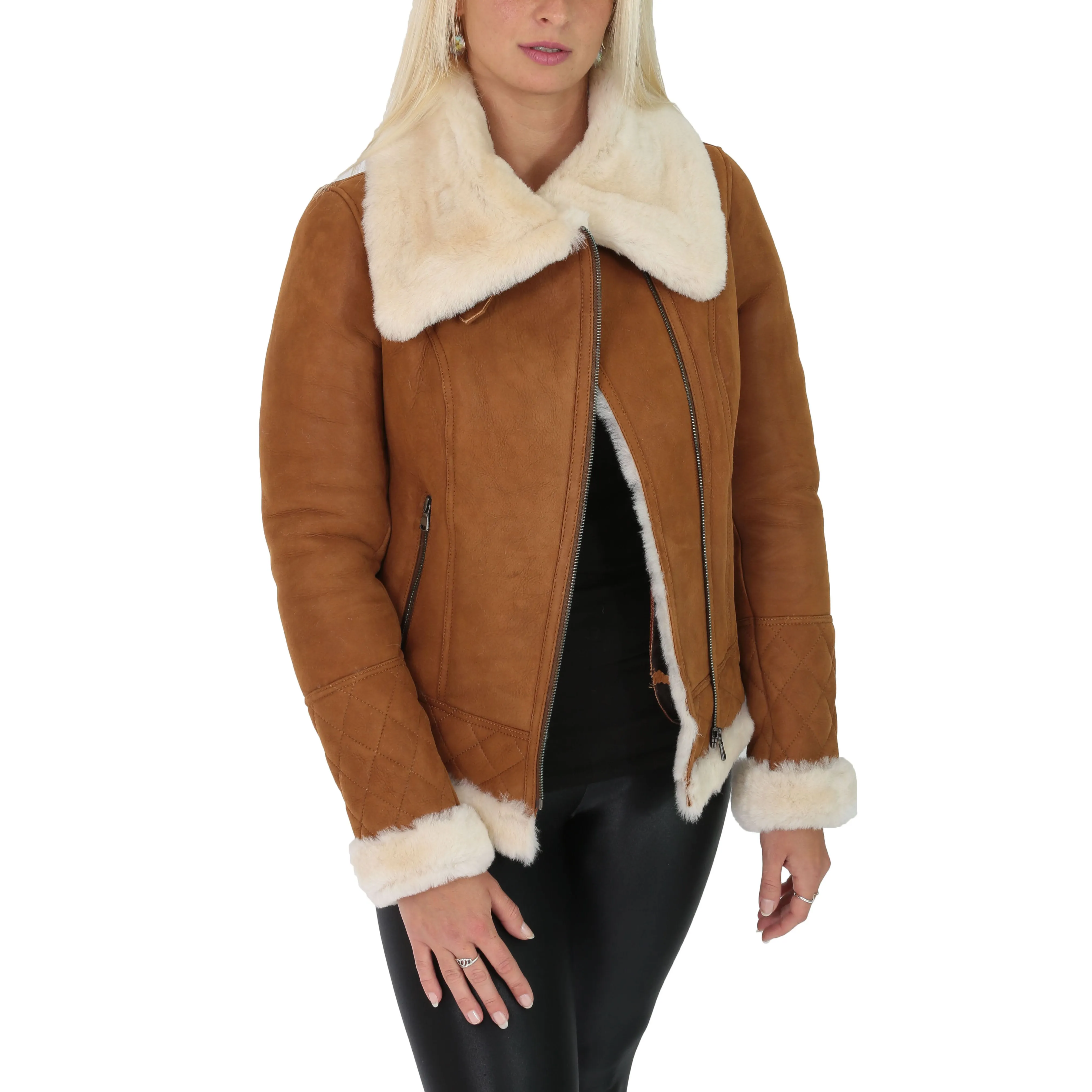 Super Luxurious Womens Real Sheepskin Jacket Aviator Coat Alexa Tan