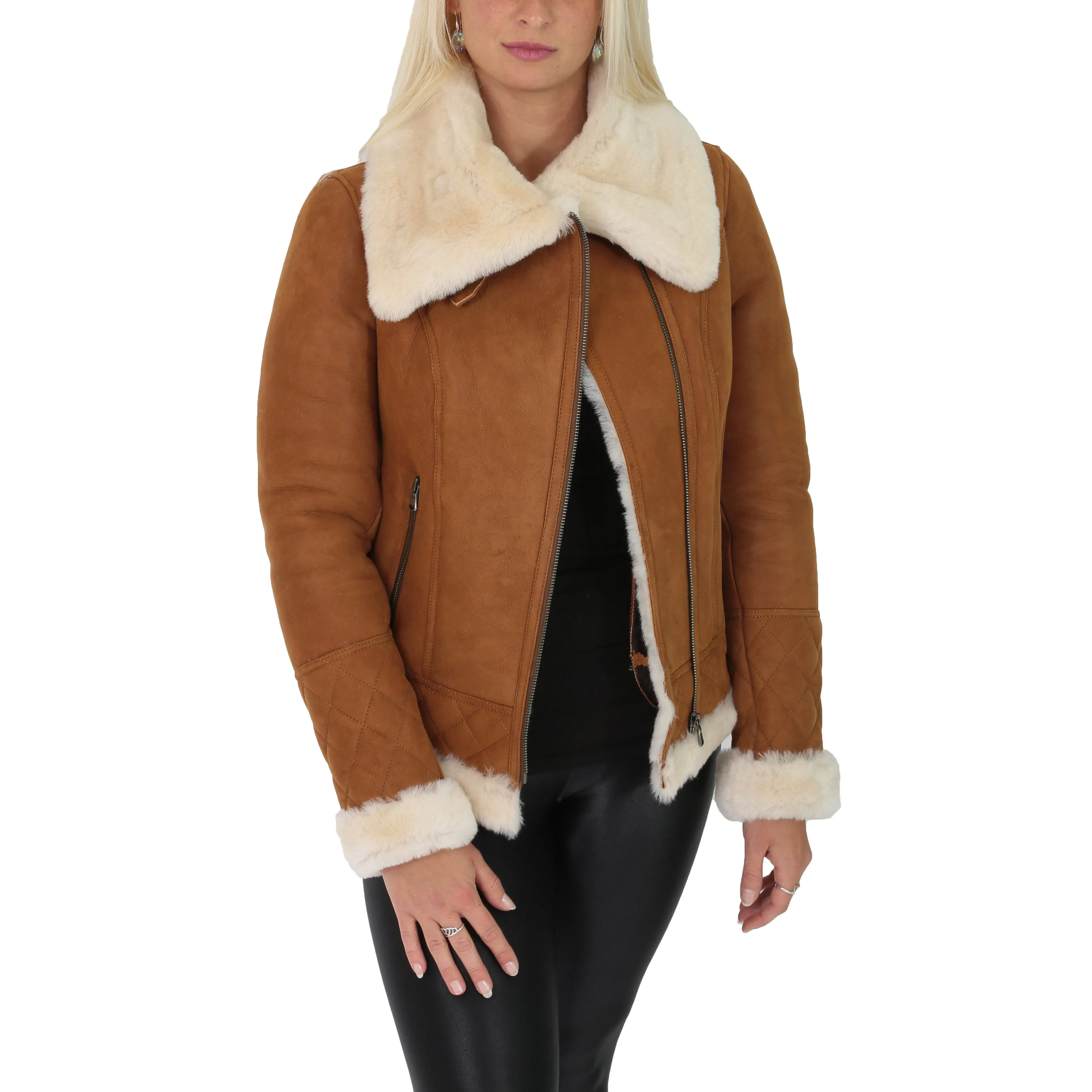 Super Luxurious Womens Real Sheepskin Jacket Aviator Coat Alexa Tan