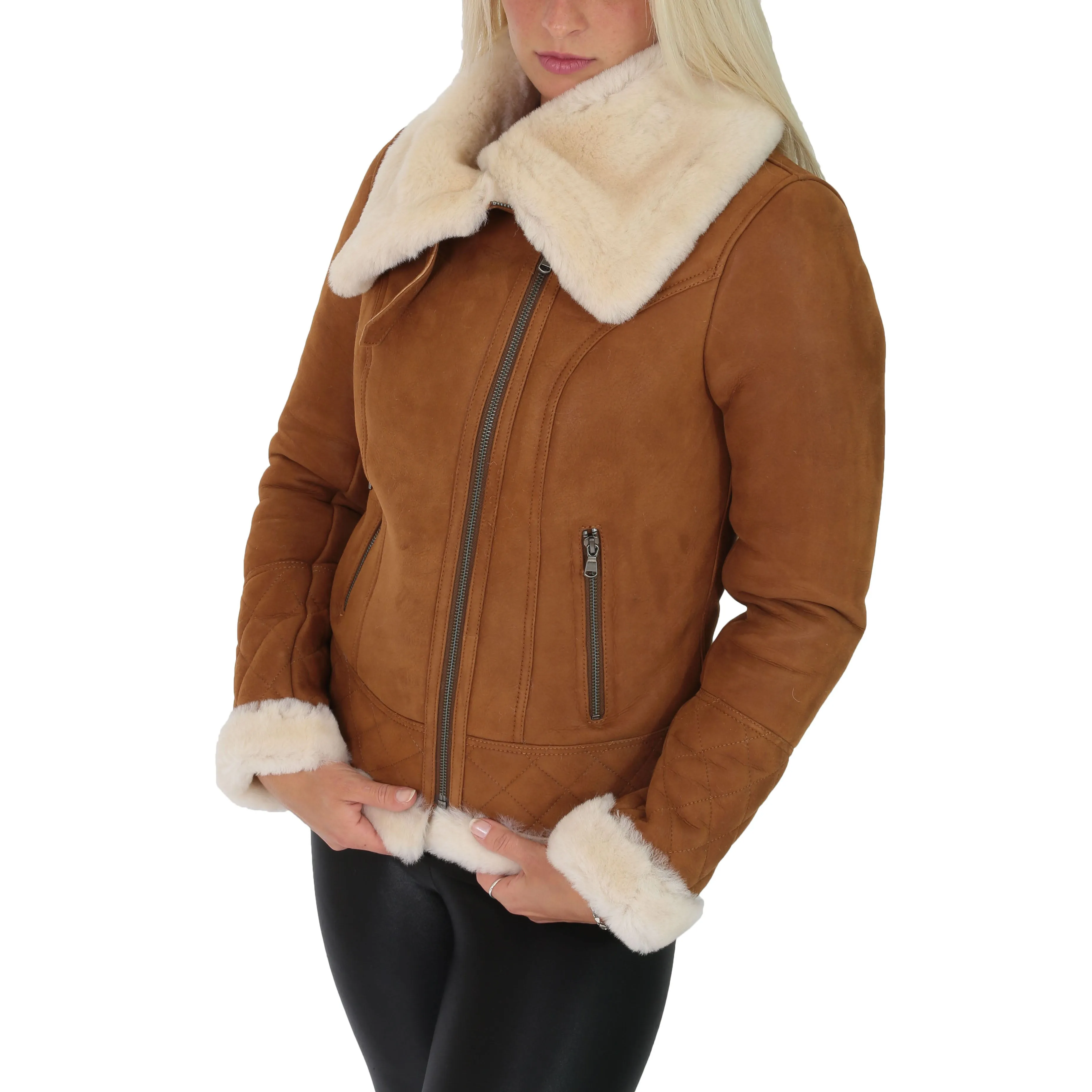 Super Luxurious Womens Real Sheepskin Jacket Aviator Coat Alexa Tan