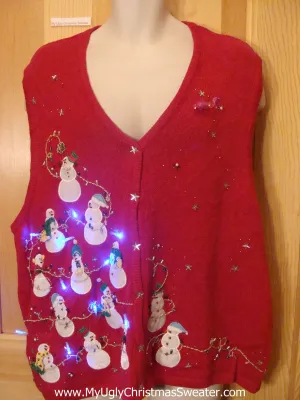 Tacky Red Light Up Christmas Sweater Vest with Cheesy Snowmen