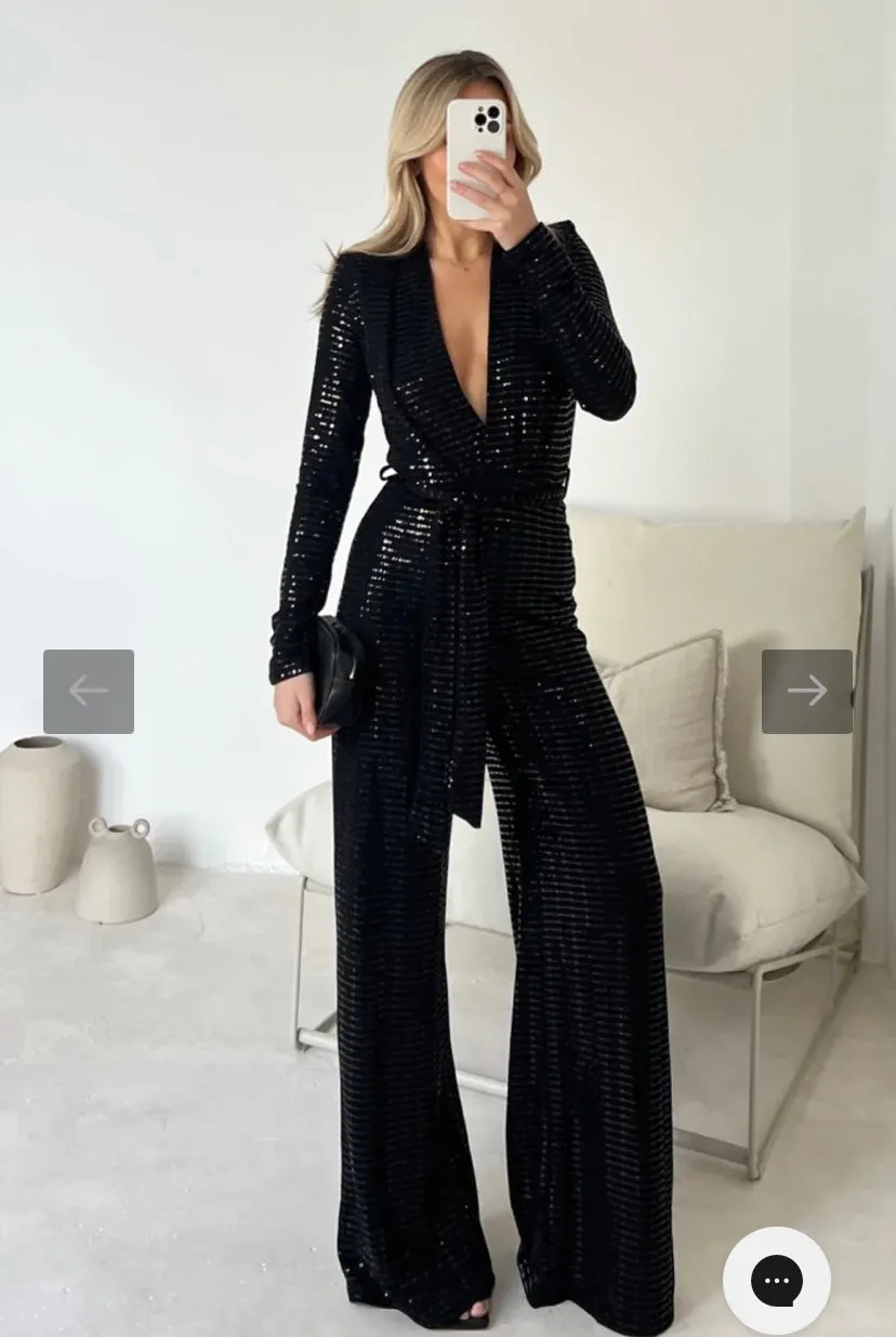 TARA BLACK SEQUIN JUMPSUIT