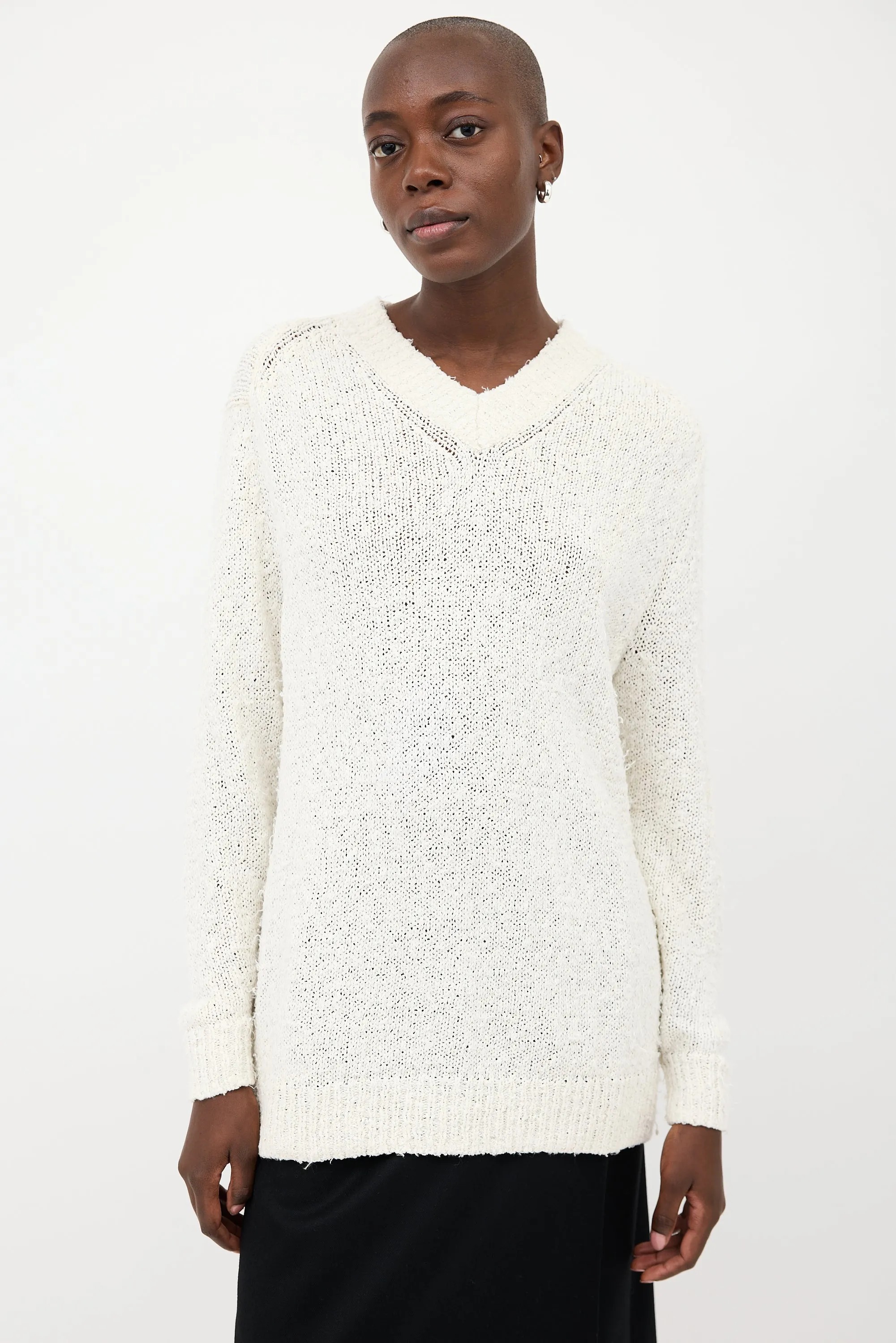 White Textured V-Neck Oversized Sweater