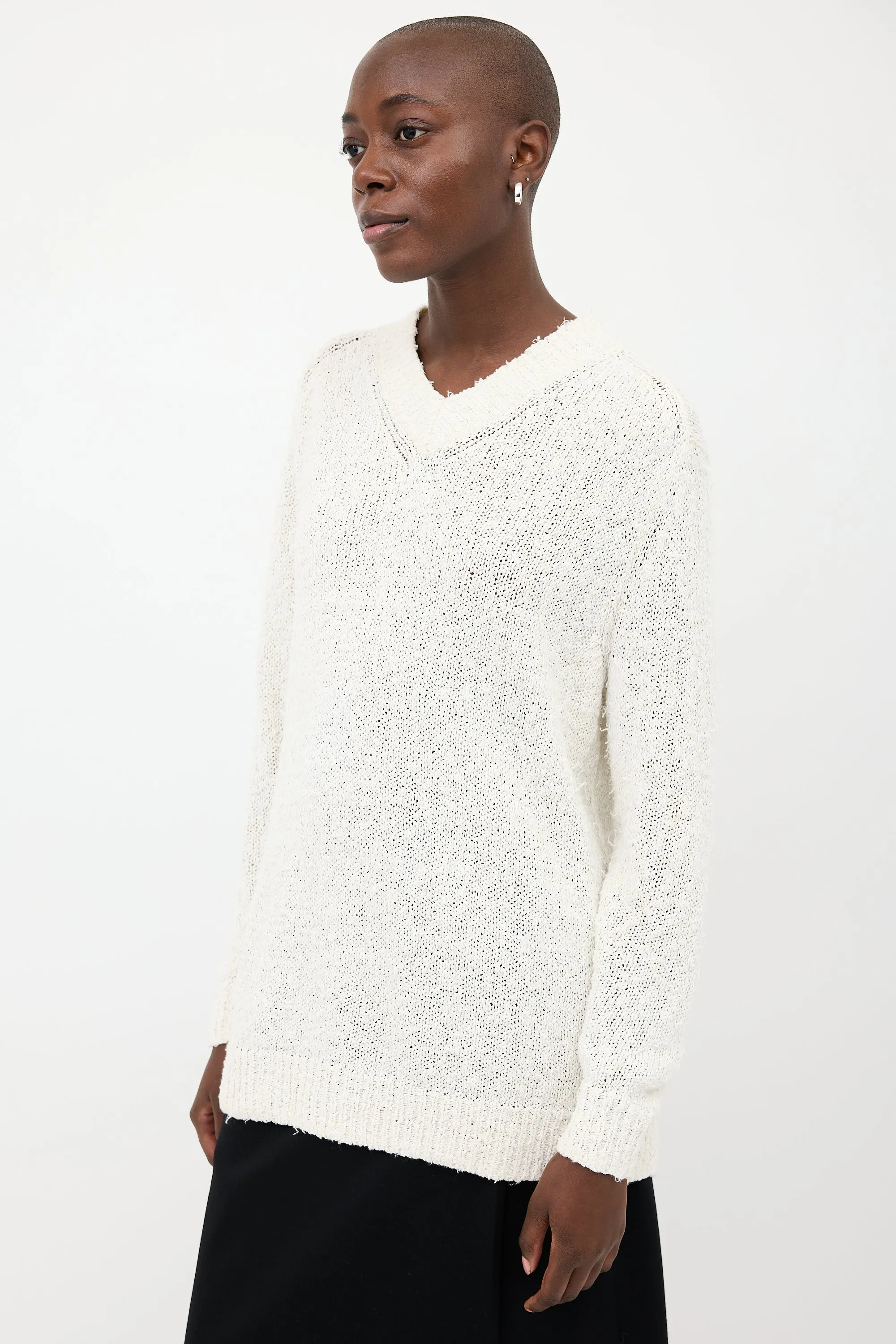 White Textured V-Neck Oversized Sweater