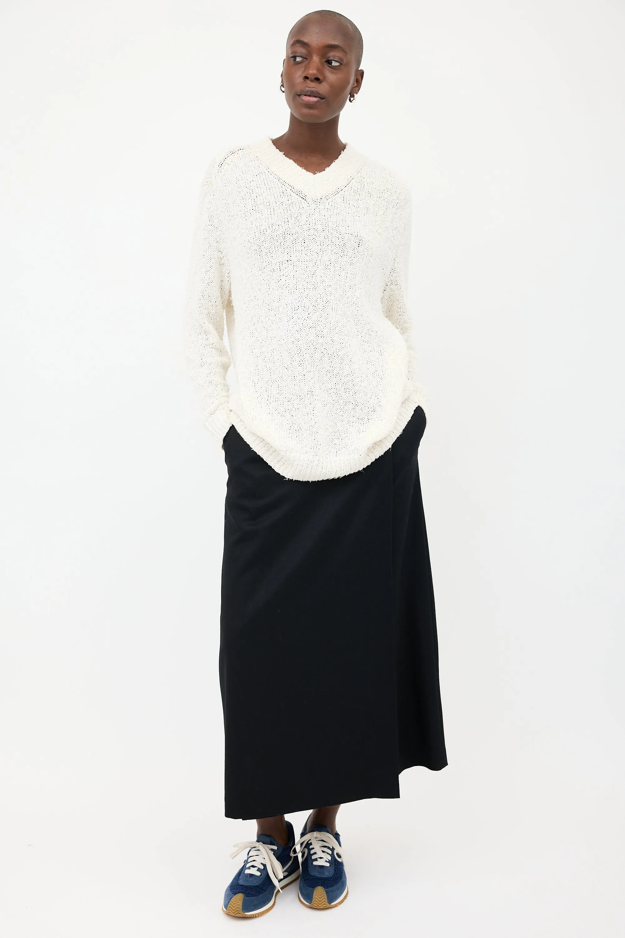 White Textured V-Neck Oversized Sweater