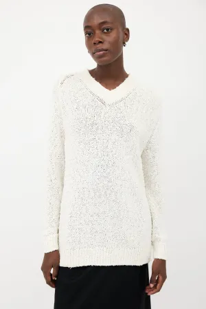 White Textured V-Neck Oversized Sweater