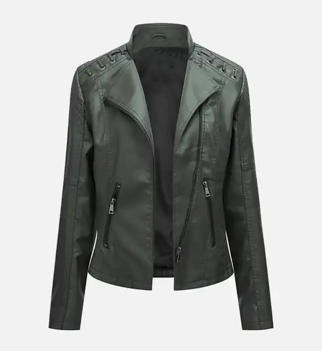 Women’s Army Green Leather Moto Jacket