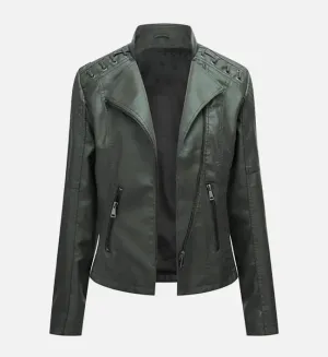 Women’s Army Green Leather Moto Jacket