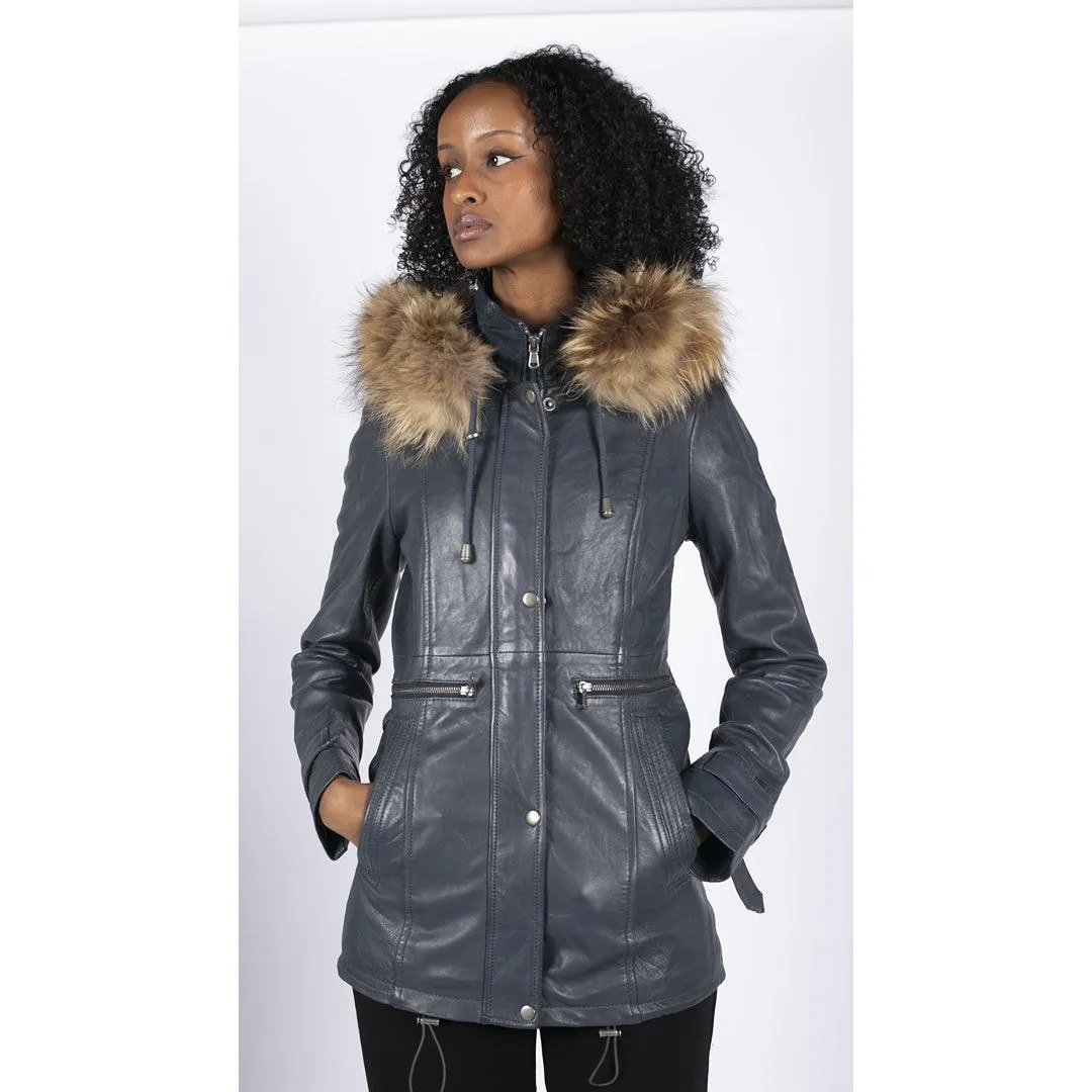 Womens Real Leather Parka Coat 3/4 Removable Hood Fur Button Cover Zipped