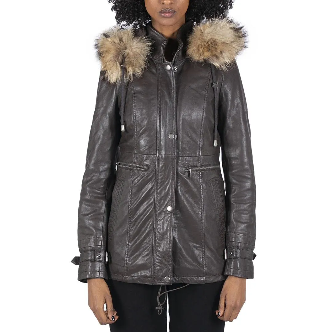 Womens Real Leather Parka Coat 3/4 Removable Hood Fur Button Cover Zipped