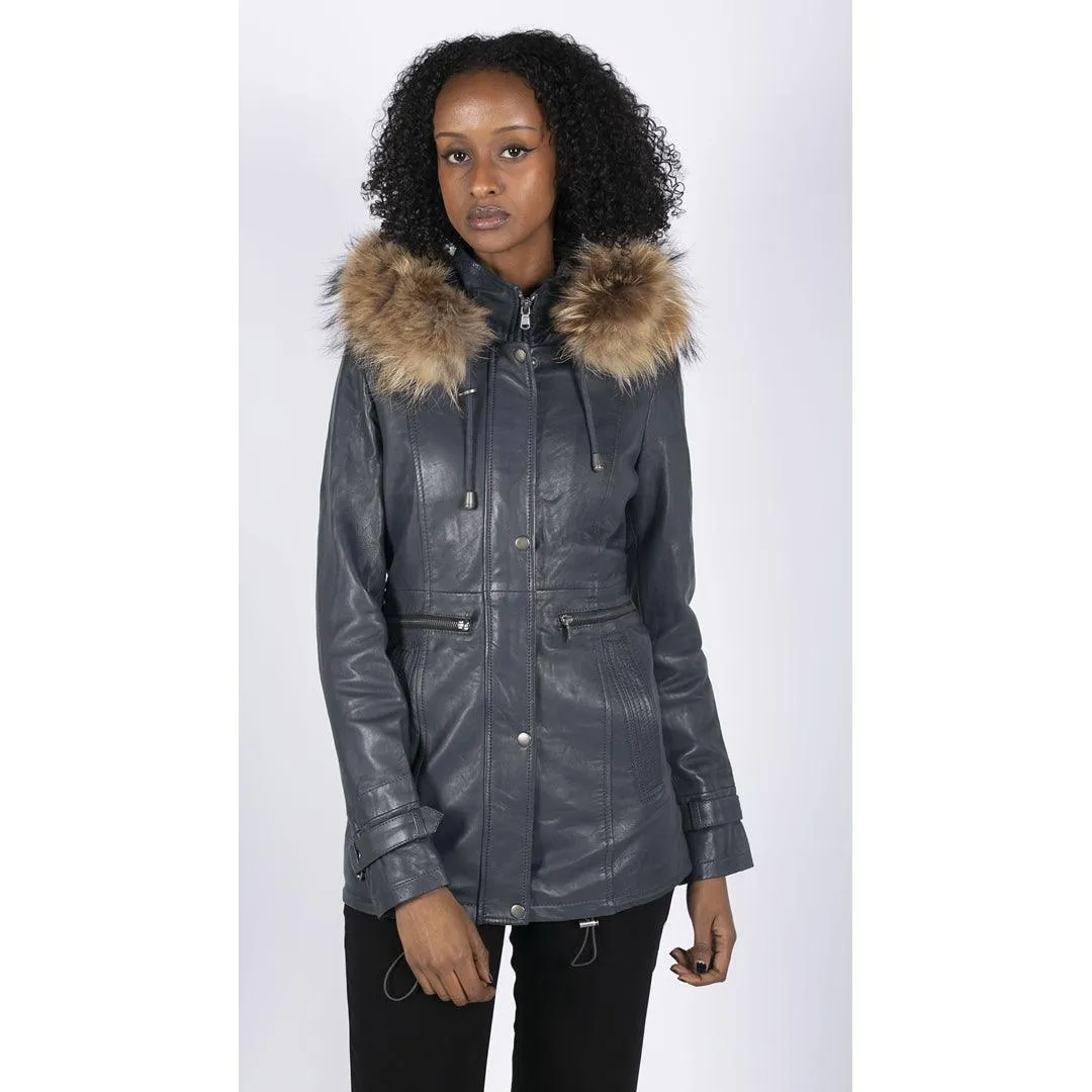 Womens Real Leather Parka Coat 3/4 Removable Hood Fur Button Cover Zipped