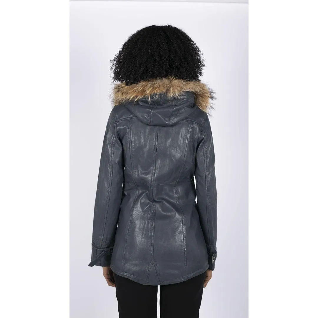 Womens Real Leather Parka Coat 3/4 Removable Hood Fur Button Cover Zipped