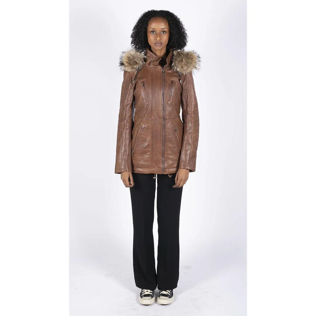 Womens Real Leather Parka Jacket 3/4 Fur Hood Zipped Brown Tan Grey Tailored Fit